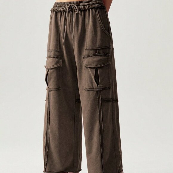 Coffee Brown Casual Women's Vacation Knit 3d Pocket Wide Leg Pants - Picture 7 of 8